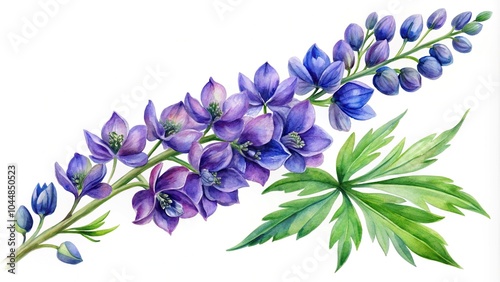 watercolor illustration of purple Delphinium Flower with branch and leaves isolated on white background