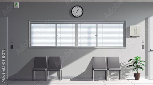 minimalist clinic waiting room featuring gray chairs, clock, and potted plant. light streaming through blinds creates calm atmosphere, perfect for relaxation