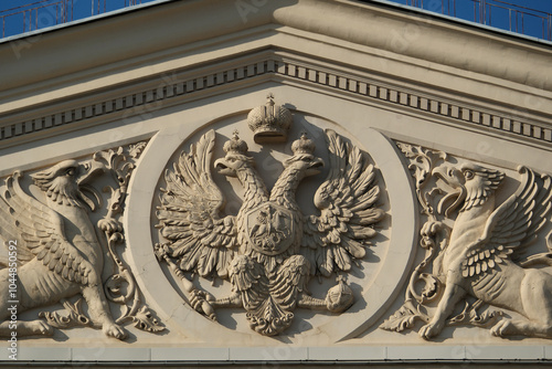 Fragment of the facade of the building of the Bolshoi Theatre, Moscow. Two-headed eagle crowned with imperial crowns.