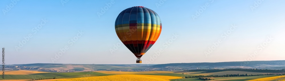 Naklejka premium A vibrant hot air balloon floating serenely over golden fields, capturing the essence of adventure and freedom in the open sky.