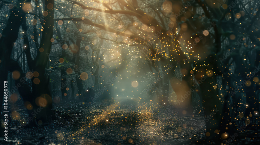 Fototapeta premium trail of golden dust leads into dark, mysterious forest, illuminated by soft rays of light filtering through trees. enchanting atmosphere evokes sense of wonder and magic