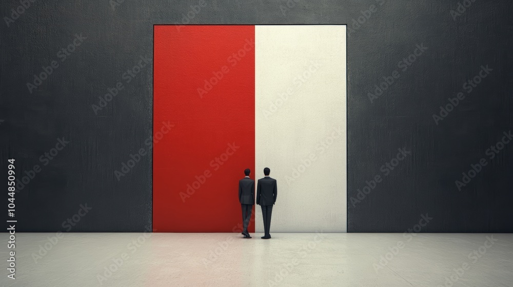 Two men standing in front of a red and white wall. The men are dressed in suits and looking at the wall. Scene is serious and focused
