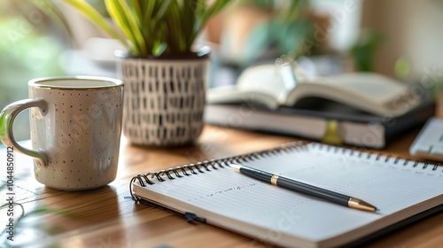 A closeup view of a desk with a planner, pen, and coffee mug photo