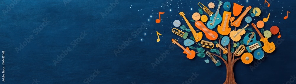 A vibrant illustration of a music tree, featuring various instruments and musical notes against a blue background. A vibrant illustration of a music tree, featuring various instruments and musical notes against a blue background.