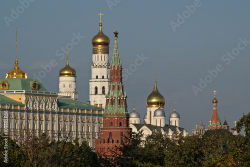 Russia, Moscow, Moscow Kremlin, Kremlin wall, Kremlin towers and bell tower. View from The Cathedral of Christ the Saviour