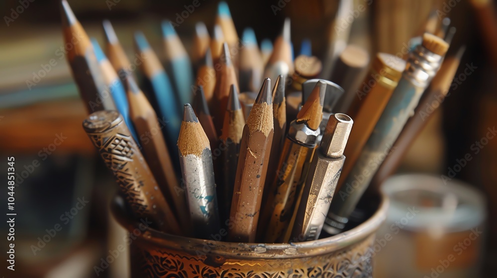 A closeup view of a pencil holder with various writing instruments A closeup view of a pencil holder with various writing instruments