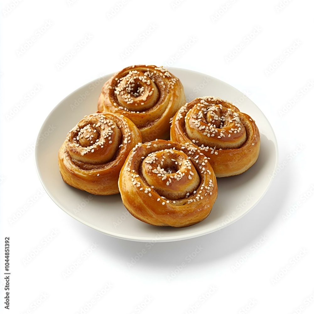 Four sesame buns on white plate. Four sesame buns on white plate.