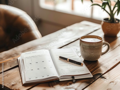 A closeup view of a desk with a planner, pen, and coffee mug photo