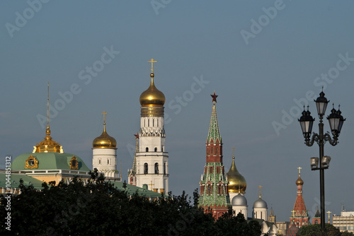Russia, Moscow, Moscow Kremlin, Kremlin wall, Kremlin towers and bell tower. View from The Cathedral of Christ the Saviour
