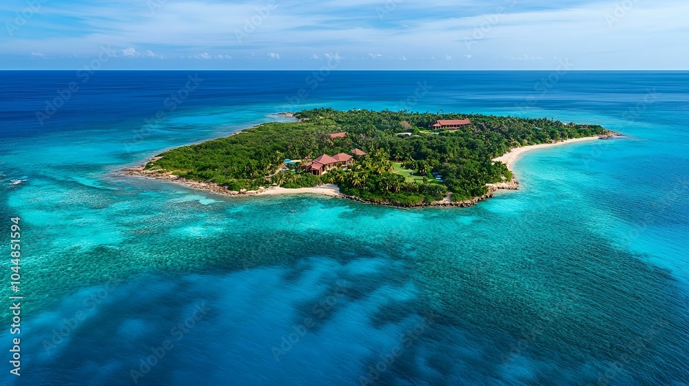 Tropical island surrounded by turquoise waters in aerial view. Tropical island surrounded by turquoise waters in aerial view.