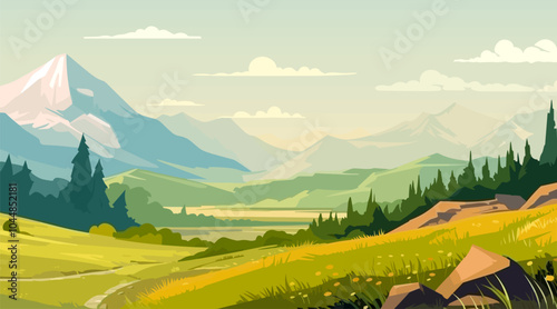 Mountain valley – A green valley surrounded by mountain ranges under a clear sky.