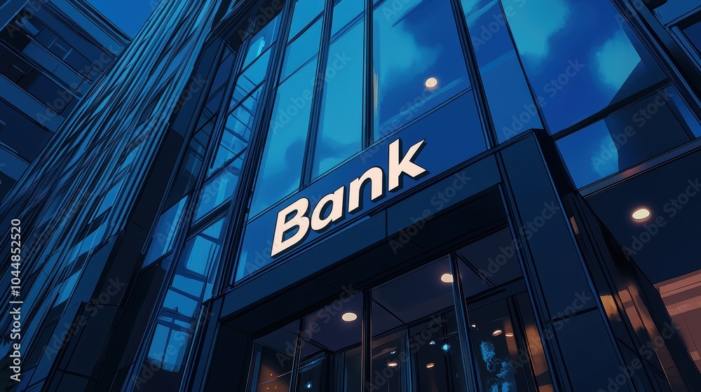 Modern bank building shining at night time lapse Modern bank building shining at night time lapse