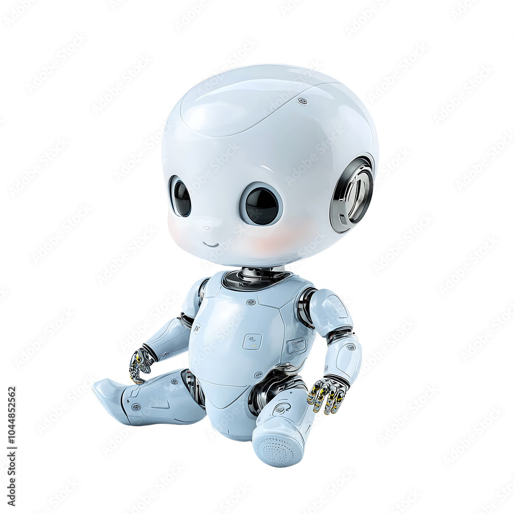 A sleek baby robot sitting upright, its smooth metallic body and cute round eyes reflecting soft studio lighting, isolated on a clean white background. The design evokes a futuristic yet playful A sleek baby robot sitting upright, its smooth metallic body and cute round eyes reflecting soft studio lighting, isolated on a clean white background. The design evokes a futuristic yet playful