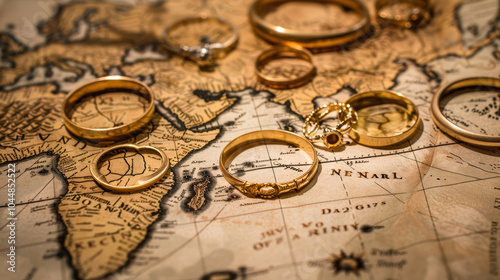 Golden rings scattered on antique map, symbolizing adventure and treasure. intricate details of rings contrast beautifully with vintage map, evoking sense of exploration and discovery