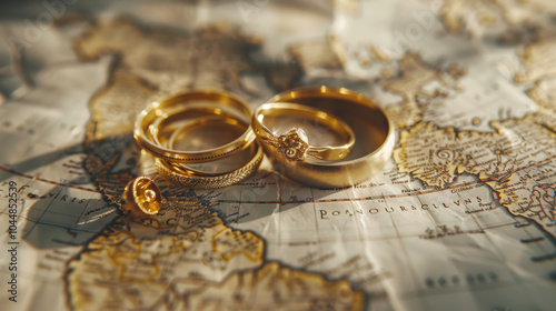 Golden rings scattered on vintage map, symbolizing adventure and treasure. intricate designs of rings add touch of elegance to exploration theme
