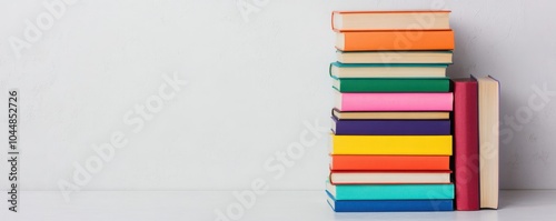 A vibrant stack of colorful books against a minimalist background. Perfect for education and reading themes.