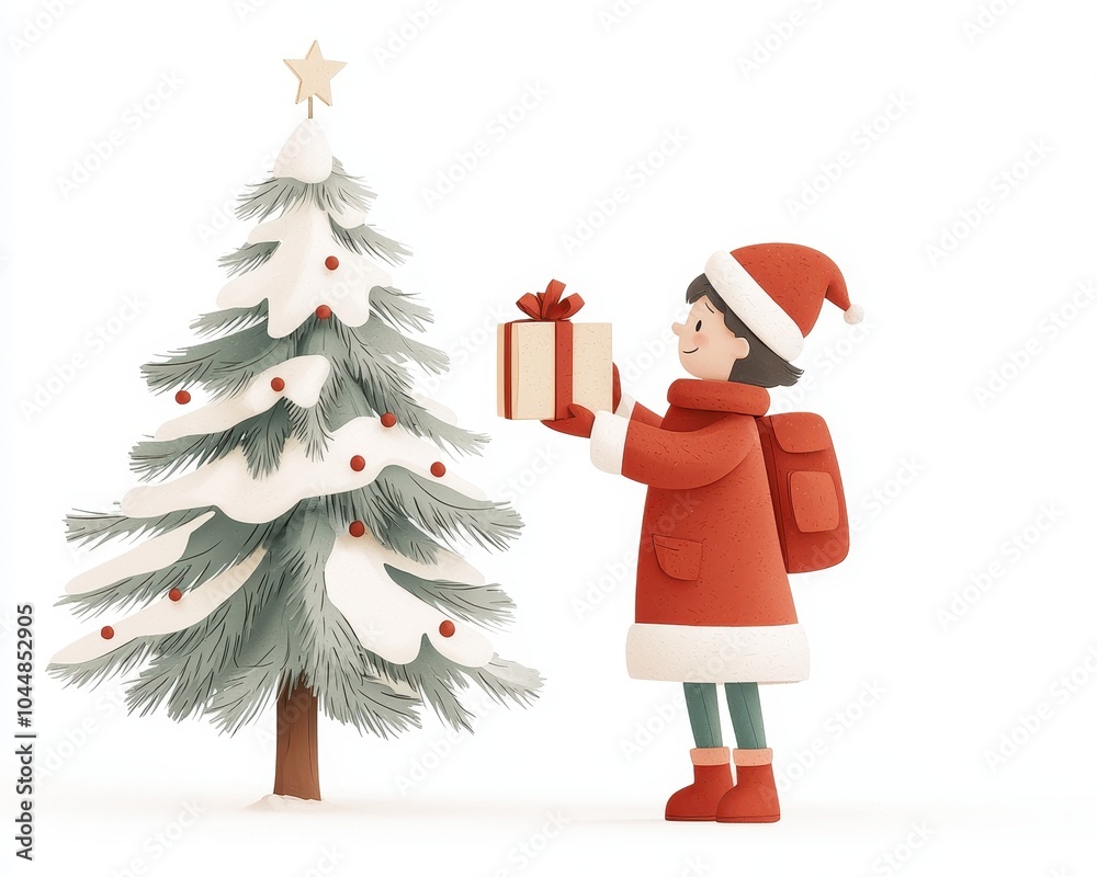 Child in Santa hat gifting present beside decorated Christmas tree, white isolate background Child in Santa hat gifting present beside decorated Christmas tree, white isolate background