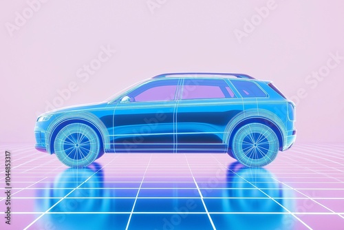 Obraz na płótnie Futuristic Visualization of a Wireframe SUV on a Virtual Grid w salonie