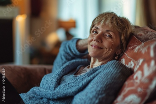 Obraz na płótnie Comfortable Elderly Woman Relaxing at Home w salonie