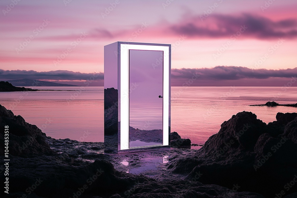 Surreal Coastal Scene with Doorway
