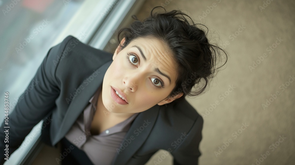Worried Business Woman Leaning Against Window, Looking Anxiously Towards Camera in Office Environment