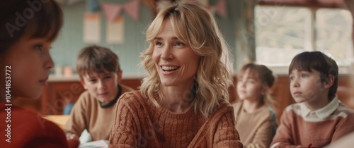 A woman happily engages with children in a classroom