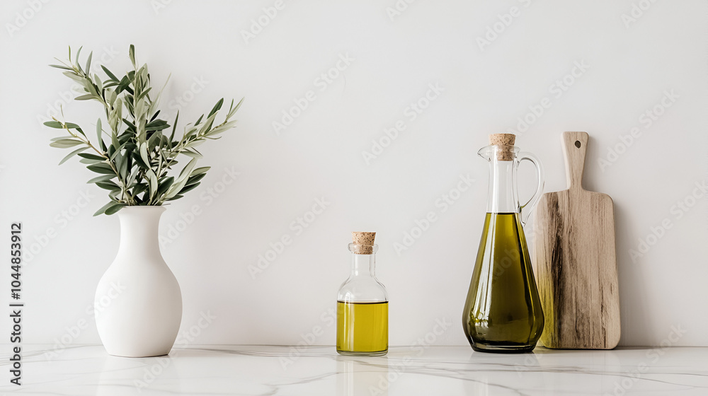 Minimalist Kitchen Countertop with White Marble Surface, Potted Plant, and Glass Bottle of Olive Oil