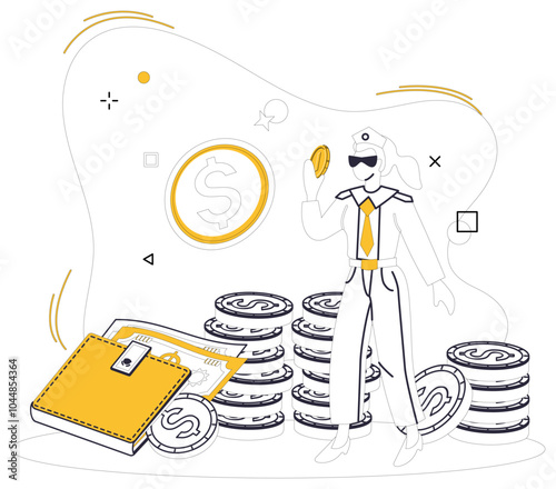 Savings account. A person wearing sunglasses and a cap holds a coin with stacks of other coins around them. A wallet with money is visible in the background. Ideal for financial security, investment