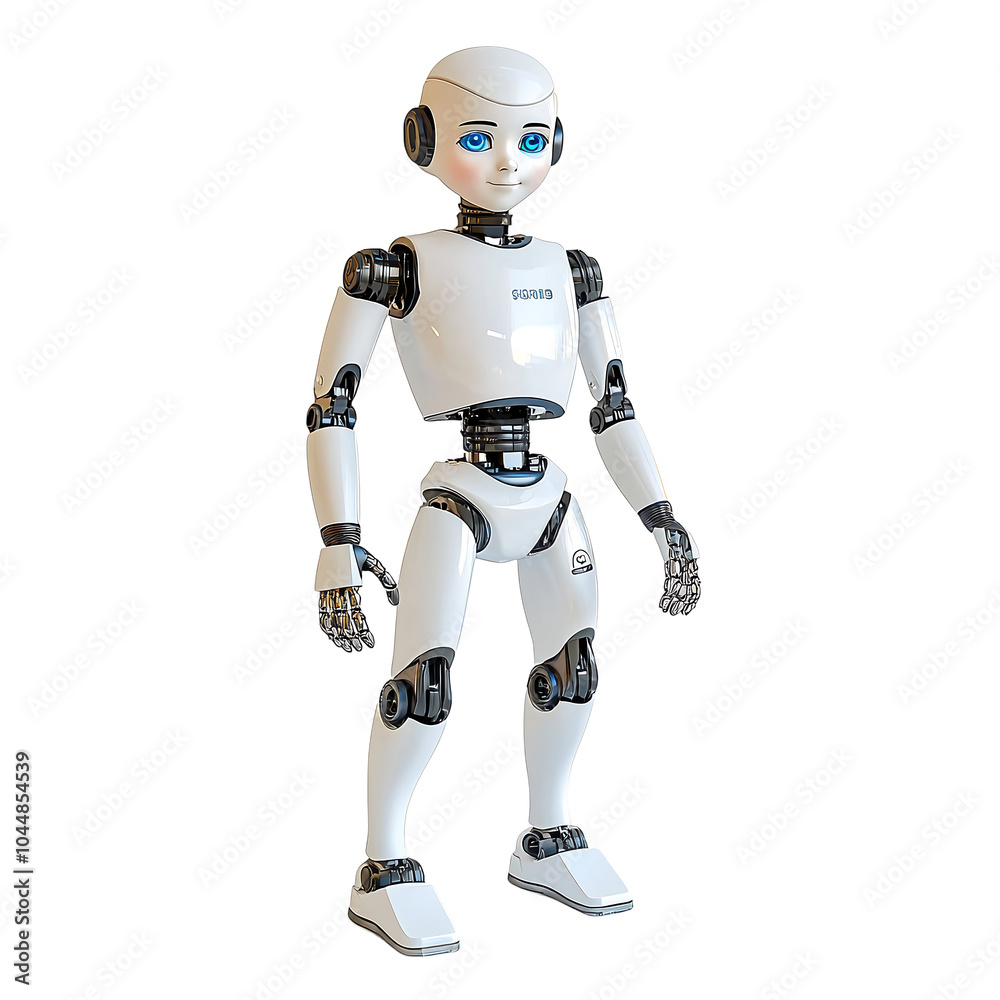 A futuristic boy robot standing confidently on a clean white background, showcasing sleek metallic limbs and glowing blue eyes. The minimalist composition emphasizes the high-tech design, perfect for A futuristic boy robot standing confidently on a clean white background, showcasing sleek metallic limbs and glowing blue eyes. The minimalist composition emphasizes the high-tech design, perfect for
