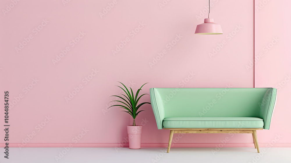 minimalist living room design featuring pastel green sofa against soft pink wall, complemented by stylish pendant light and potted plant, creating serene atmosphere minimalist living room design featuring pastel green sofa against soft pink wall, complemented by stylish pendant light and potted plant, creating serene atmosphere
