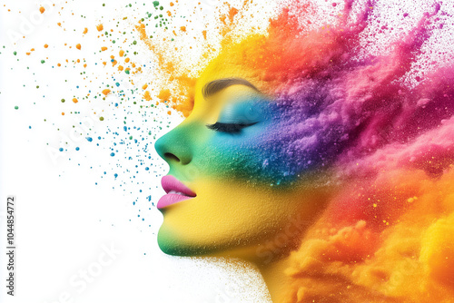 The artwork beautifully captures a woman's profile filled with swirling colors, symbolizing creativity and joy