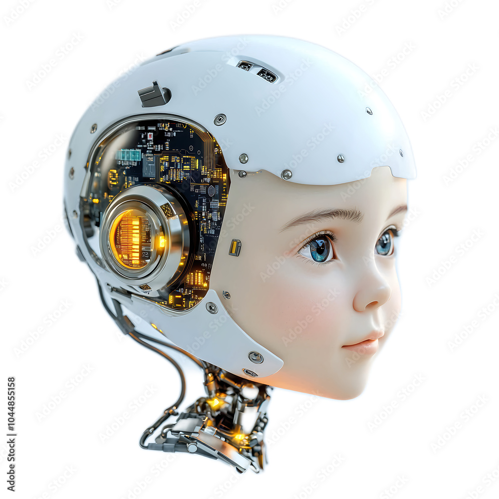 A close-up of a boy robots face, featuring smooth, polished metal skin and illuminated circuits, isolated on a white background. The sharp, high-end detail focuses on the robots advanced technology A close-up of a boy robots face, featuring smooth, polished metal skin and illuminated circuits, isolated on a white background. The sharp, high-end detail focuses on the robots advanced technology
