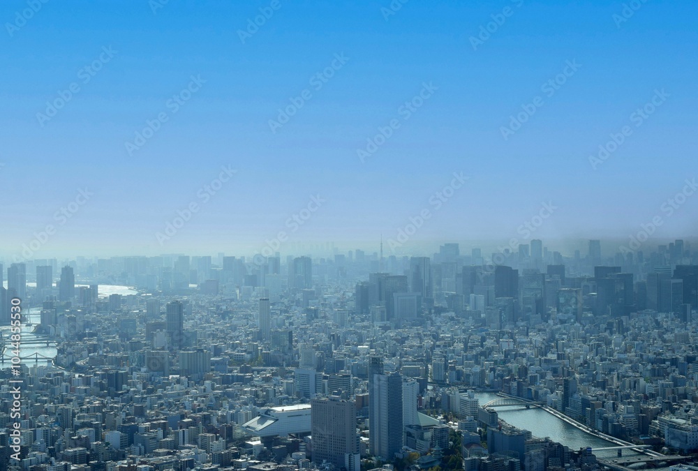 東京の街並みと東京タワー、東京の町並みとビジネス街、東京の町並みの上空撮影	