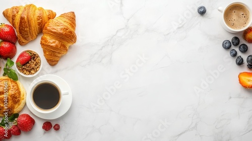 A panoramic banner mockup with a top-down view of a delicious breakfast spread including croissants, fruits, and coffee, providing blank space for commercial text overlay, for food-related promotions
