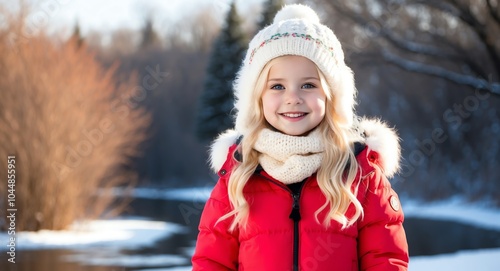 blonde kid girl winter outdoor bright background wearing fashion portrait