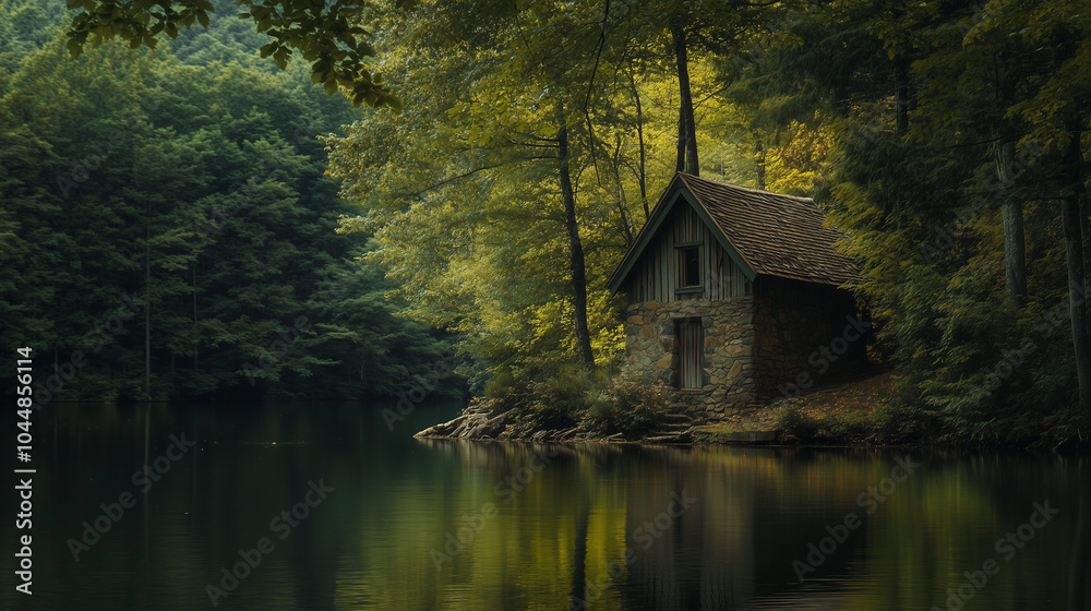 Fototapeta premium Charming stone cabin nestled in a dense forest by a calm lake, surrounded by lush green foliage and tranquility