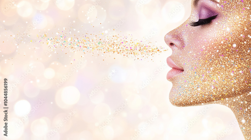 Fototapeta premium A beautiful woman's face embellished with glitter, radiating elegance in a magical setting