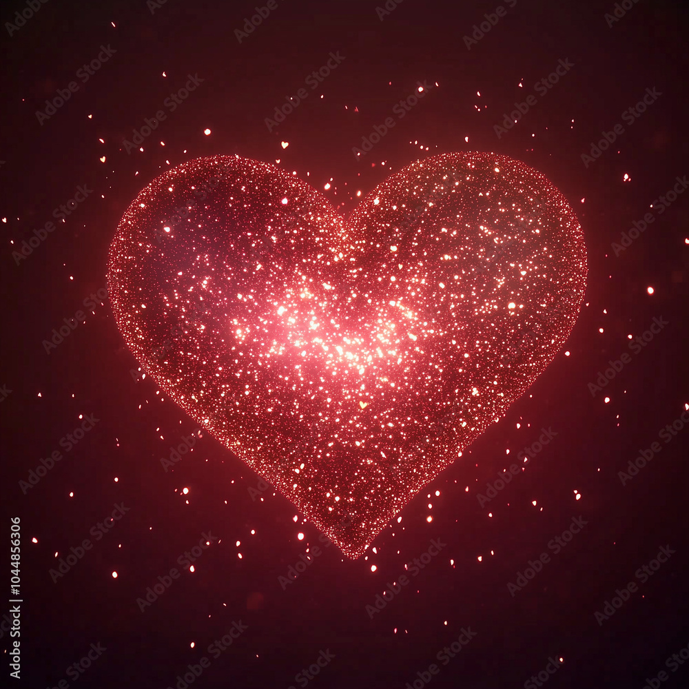 Sparkling glowing red heart shape formed by glitter particles on a dark background for Valentine's Day theme Sparkling glowing red heart shape formed by glitter particles on a dark background for Valentine's Day theme