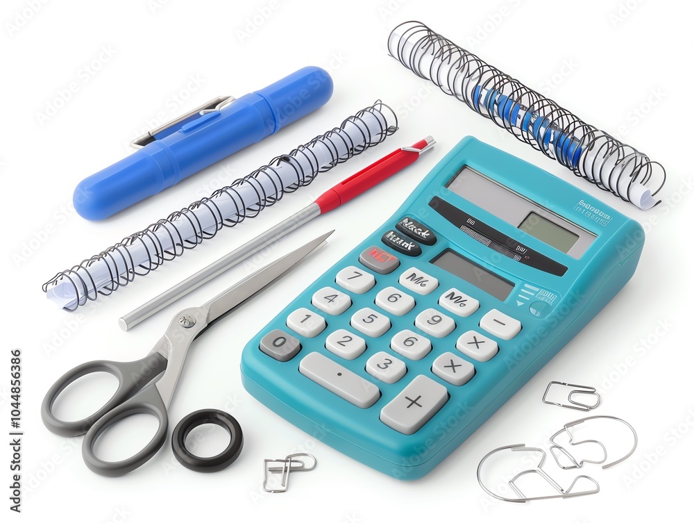A set of office supplies including a calculator, scissors, and stapler A set of office supplies including a calculator, scissors, and stapler