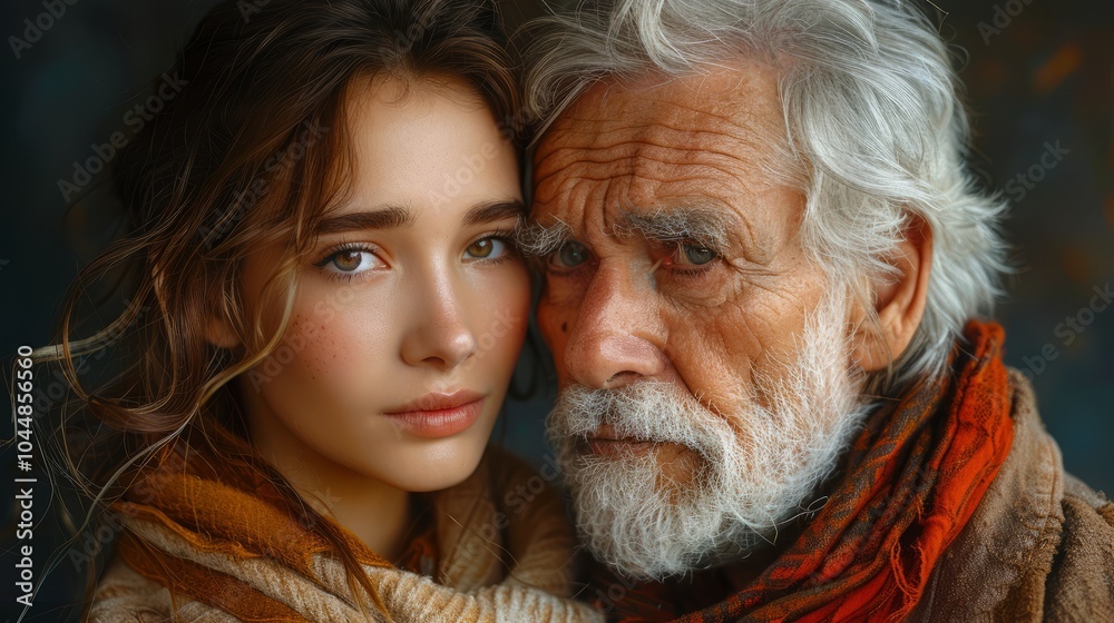 An elderly man and a young woman share a profound bond, their expressions conveying deep emotions in a softly lit, intimate indoor space An elderly man and a young woman share a profound bond, their expressions conveying deep emotions in a softly lit, intimate indoor space