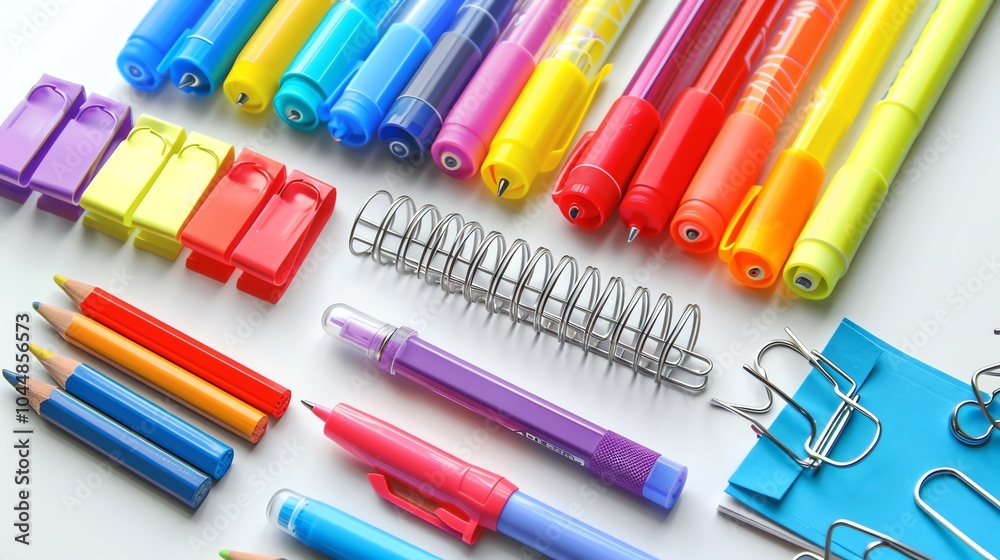 A set of office supplies including sticky notes, markers, and clips A set of office supplies including sticky notes, markers, and clips