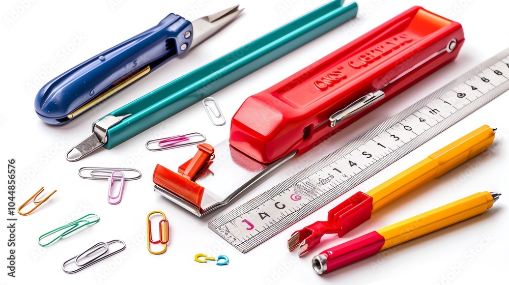 A set of office supplies including a stapler, ruler, and paper clips A set of office supplies including a stapler, ruler, and paper clips