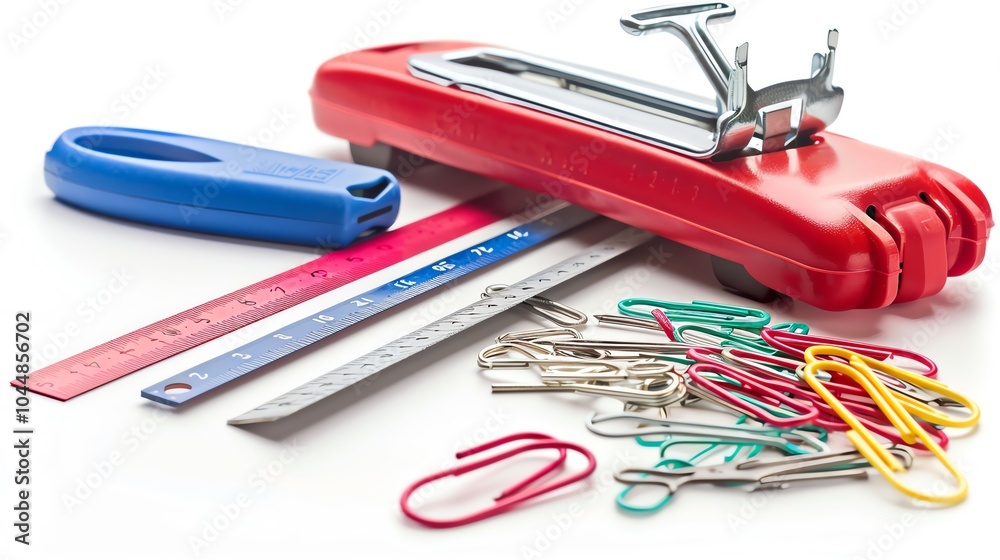 A set of office supplies including a stapler, ruler, and paper clips A set of office supplies including a stapler, ruler, and paper clips