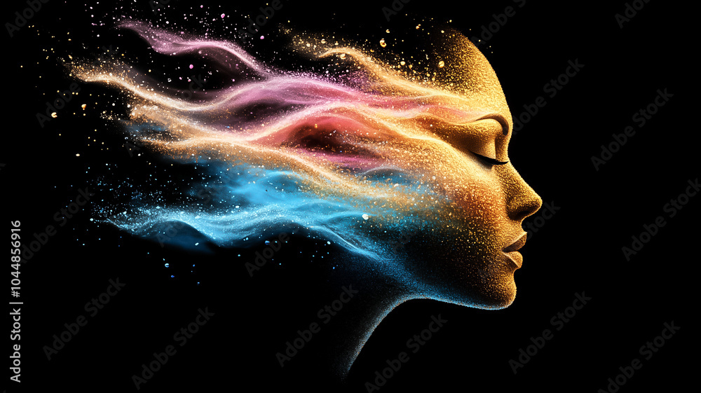 A captivating profile of a woman, swirling with colors that embody creativity and emotion A captivating profile of a woman, swirling with colors that embody creativity and emotion