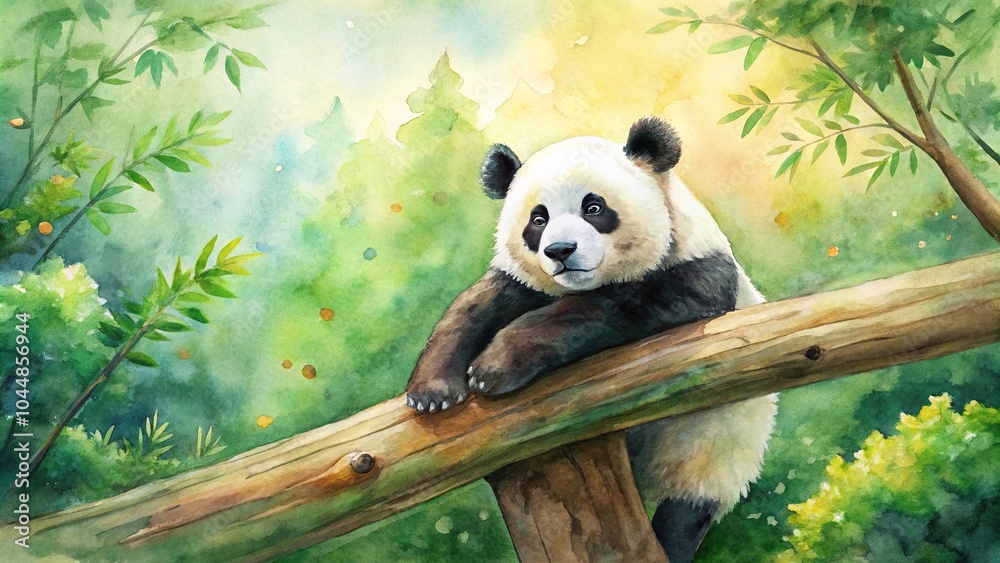 Obraz premium Watercolor painting of a panda resting on a tree trunk