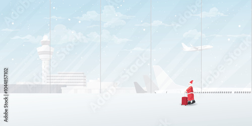 Santa Claus with luggage at the airport's terminal have plane, airport traffic control tower and snowfall through windows graphic illustration.