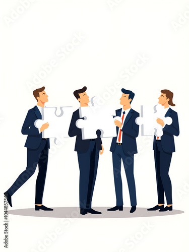 Business concept. Team metaphor. People connect puzzle elements. Flat illustration in flat design style. Teamwork, collaboration, partnership. Businessmen working together and moving towards success.