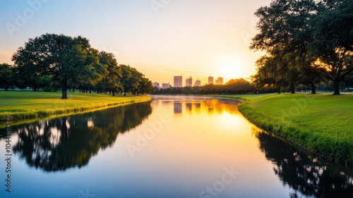 Breathtaking sunset over a serene lake with city skyline reflections, surrounded by lush greenery and gentle ripples.