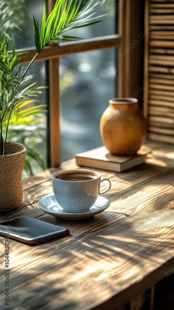Coffee cup on wooden table. Coffee cup on wooden table.