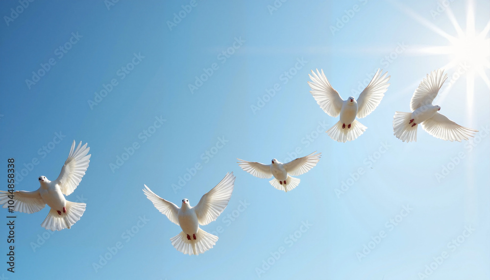 Fototapeta premium White doves flying in a clear blue sky with sunlight 